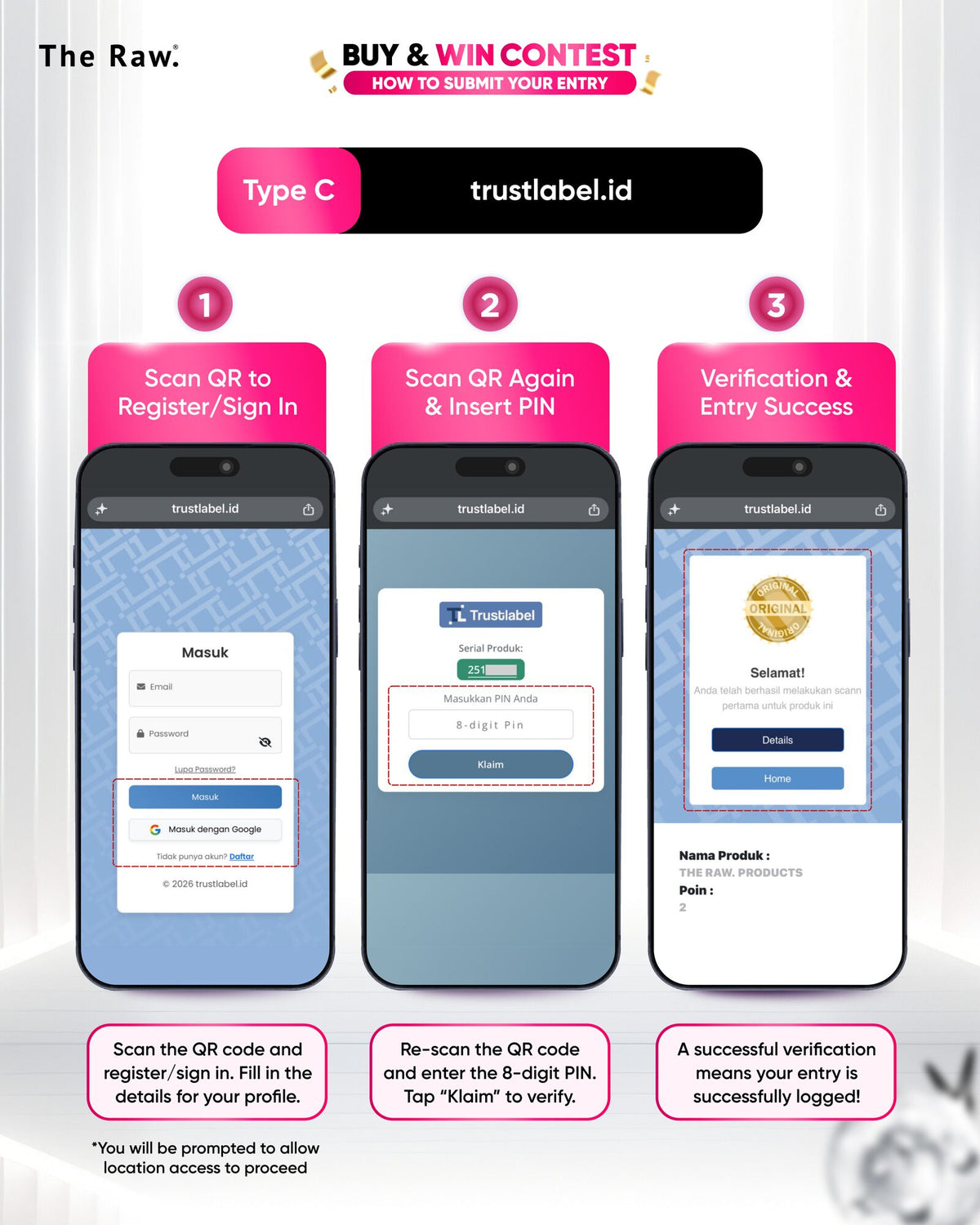 Type C, trustlabel.id: scan the QR code and register or sign in; re-scan and enter the 8-digit PIN, tap Klaim; a successful verification logs your entry.