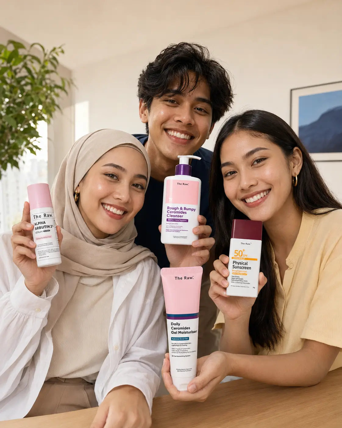 Malaysian Gen Z friends holding The Raw skincare